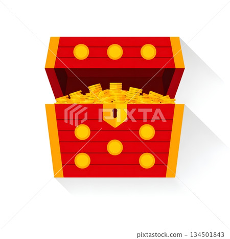 A vibrant red treasure chest overflowing with shiny gold coins, symbolizing wealth, adventure, and discovery. Perfect for themes of treasure hunts and fantasy adventures. A vibrant red treasure chest overflowing with shiny gold coins, symbolizing wealth, adventure, and discovery. Perfect for themes of treasure hunts and fantasy adventures. 134501843