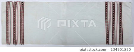 White Linen Fabric with Two Vertical Bands of Traditional Geometric Embroidery White Linen Fabric with Two Vertical Bands of Traditional Geometric Embroidery 134501850