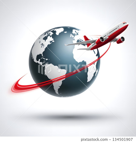 An illustration of a red airplane flying around a globe, symbolizing international travel and worldwide connectivity, ideal for travel-related projects and marketing materials. 134501907