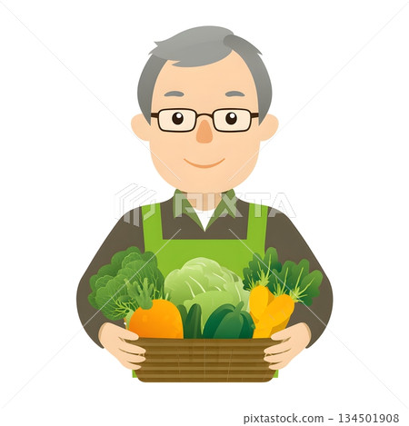 An illustration of a smiling farmer holding a basket filled with fresh vegetables. This image emphasizes healthy eating and organic farming practices. 134501908