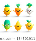 Colorful and cheerful cartoon fruits and vegetables with smiling faces, showcasing the joy of healthy eating and vibrant nutrition in a fun and playful way. 134501911