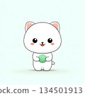 Cute cartoon cat holding a green ball, featuring a cheerful expression. Ideal for use in children's materials or playful designs, adding a whimsical touch. 134501913