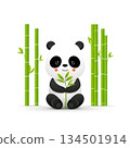 Cute cartoon panda sitting among bamboo, holding a leaf. This whimsical illustration captures the playful spirit of this beloved animal in a serene natural setting. 134501914