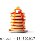 Delicious, fluffy pancakes stacked high with a cheerful egg character on top, dripping with sweet syrup. Perfect for breakfast lovers and food enthusiasts alike. 134501917