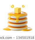Delicious stack of fluffy pancakes topped with a melting butter square and golden syrup, perfect for breakfast or brunch, evoking warmth and comfort in every bite. 134501918