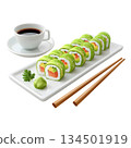 Delicious sushi rolls with vibrant green avocado and fresh salmon, served with wasabi and soy sauce in a white dish, ideal for food lovers and sushi enthusiasts. 134501919