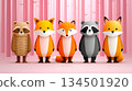 Five adorable cartoon-style forest animals stand together in a whimsical pink forest, showcasing their playful charm and inviting warmth 134501920
