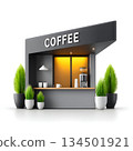 Modern coffee shop facade with stylish design, featuring a service counter, coffee machine, and decorative plants. Perfect for showcasing beverage culture and cafe aesthetics. 134501921