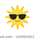 Playful sun character with sunglasses radiating joy and warmth. Perfect for summer themes and cheerful designs. A vibrant representation of sunny days and outdoor fun. 134501923