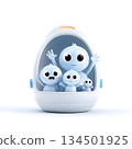This playful image features four cute, cartoonish blue characters with oversized eyes, joyfully waving from a futuristic capsule. Perfect for conveying fun and creativity. 134501925