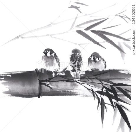 麻雀棲息在竹竿上 134502091