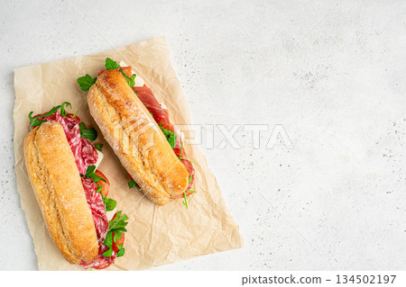 Assorted delicious baguette sandwiches Assorted delicious baguette sandwiches 134502197