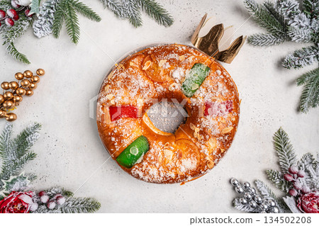 Roscon de reyes is a traditional Spanish Christmas pastry cake Roscon de reyes is a traditional Spanish Christmas pastry cake 134502208