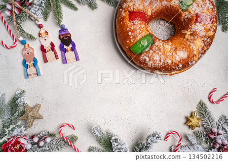 Roscon de reyes is a traditional Spanish Christmas pastry cake Roscon de reyes is a traditional Spanish Christmas pastry cake 134502216