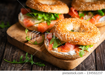 Bagel sandwich with salmon 134502237