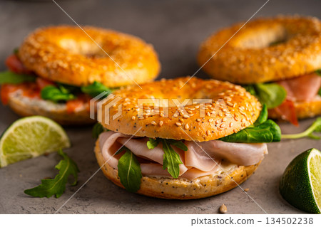 Variety of Bagel sandwiches 134502238