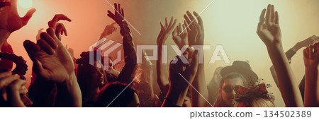 Party crowd enjoying music under warm festive lighting. Banner Party crowd enjoying music under warm festive lighting. Banner 134502389