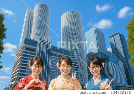 JR名古屋車站，名古屋高島屋，摩天大樓，穿著長袖和服的女性 134502556