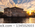 Building of Koenigsberg stock exchange on Pregola river at sunset. Kaliningrad. Russia 134502603