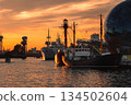 Pregolya River and ships in Kaliningrad at sunset. Russia 134502604