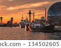Pregolya River and ships in Kaliningrad at sunset. Russia 134502605