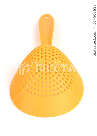 Set of Yellow Plastic Colanders Isolated on White Background in Different Angles 134502655