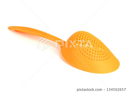 Set of Yellow Plastic Colanders Isolated on White Background in Different Angles 134502657