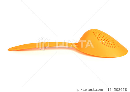 Set of Yellow Plastic Colanders Isolated on White Background in Different Angles 134502658