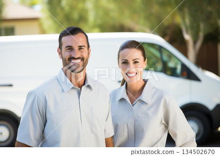 Smiling Delivery Team in Front of Van Smiling Delivery Team in Front of Van 134502670