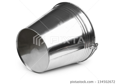 Empty metal bucket lying on its side isolated on whiteclipping paths included Empty metal bucket lying on its side isolated on whiteclipping paths included 134502672