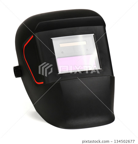Front view of auto-darkening welding mask with solar panel 134502677
