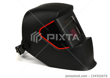 Modern black welding shield with red detail isolated on white 134502678