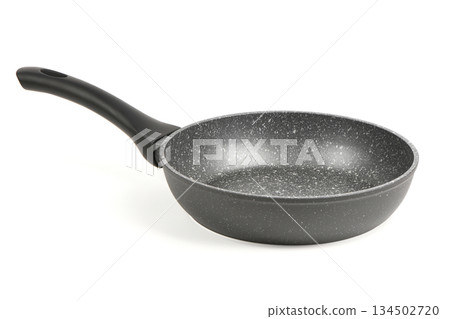 Empty non-stick frying pan with stone coating angled view 134502720