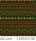 Festive abstract ornament vector seamless pattern. Hand drawn geometric design with wavy red stripes and dots on dark green background. Simple modern stylized folk repeat tile for Christmas, fabrics 134503196
