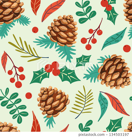 Winter botanical vector seamless pattern. Forest pine cones and seasonal greenery isolated on light green background. Seasonal repeat tile with holly leaves, red berries, twigs, teal and red leaves 134503197
