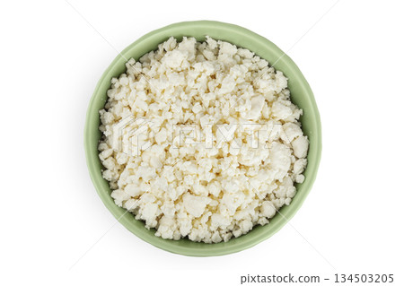 Cottage Cheese, Curd in ceramic bowl isolated on white background. Top view. Flat lay Cottage Cheese, Curd in ceramic bowl isolated on white background. Top view. Flat lay 134503205