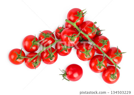 Cherry tomato bunch closeup isolated on white background. Top view. Flat lay 134503229
