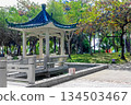 A Chinese pavilion in the End of the World Park. The authentic architecture with a green roof 134503467