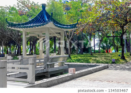 A Chinese pavilion in the End of the World Park. The authentic architecture with a green roof 134503467