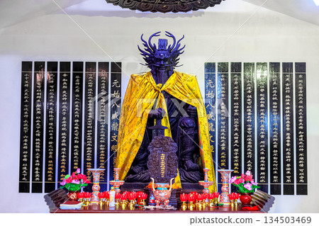 A statue of a dragon-man deity with a yellow veil and sword, surrounded by sacred texts on the walls 134503469