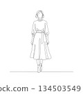 Hand-drawn woman in belted dress. Manual vector with editable paths. Professional minimalist line art illustration 134503549