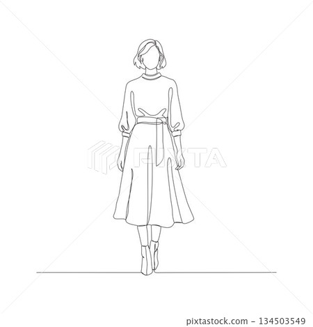 Hand-drawn woman in belted dress. Manual vector with editable paths. Professional minimalist line art illustration 134503549