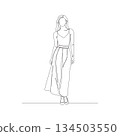 Hand-drawn woman in stylish outerwear. Manual vector with editable paths. Sophisticated fashion line art. 134503550