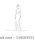 Hand-drawn woman in mermaid gown. Manual vector with editable paths. Elegant gala dress sketch for branding. 134503551