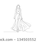 Hand-drawn woman in flowing slit gown. Manual vector with editable paths. Dynamic movement fashion art. 134503552