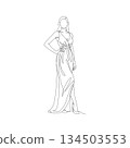Hand-drawn woman in off-shoulder gown. Manual vector with editable paths. Elegant fashion sketch illustration. 134503553