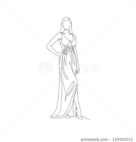 Hand-drawn woman in off-shoulder gown. Manual vector with editable paths. Elegant fashion sketch illustration. 134503553