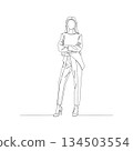Hand-drawn woman in professional suit. Manual vector with editable paths. Career fashion sketch for business. 134503554