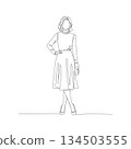 Hand-drawn woman in summer dress. Manual vector with editable paths. Minimalist apparel sketch. 134503555