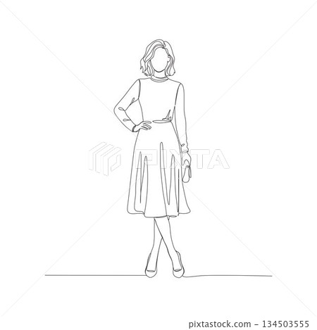 Hand-drawn woman in summer dress. Manual vector with editable paths. Minimalist apparel sketch. Hand-drawn woman in summer dress. Manual vector with editable paths. Minimalist apparel sketch. 134503555